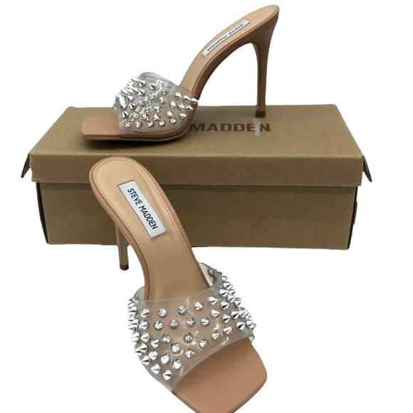Steve Madden Vinyl Heels Studded Metallic Silver Spikes  Square Toe Sandals 7.5 - Picture 2 of 9